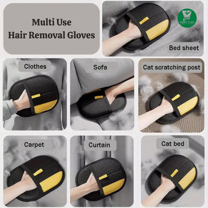 Multi-use hair removal gloves shown being used on various surfaces with text labels.