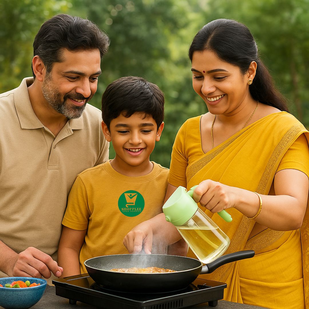 Family cooking together outdoors, with a woman pouring oil into a pan using 2 in 1 oil dispenser