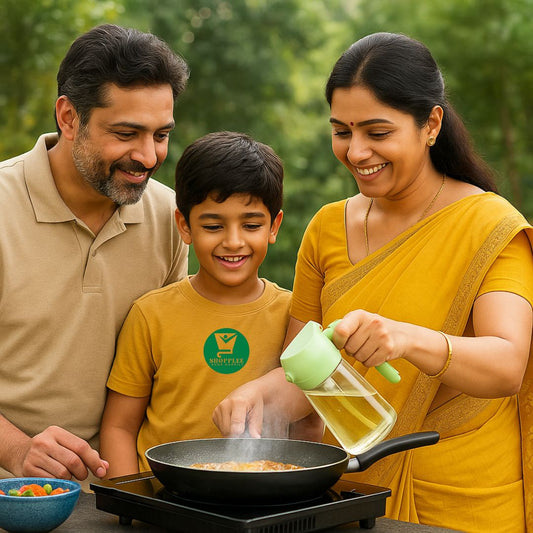Family cooking together outdoors, with a woman pouring oil into a pan using 2 in 1 oil dispenser