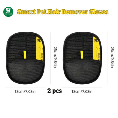 Smart pet hair remover gloves with dimensions and brand logo on a white background