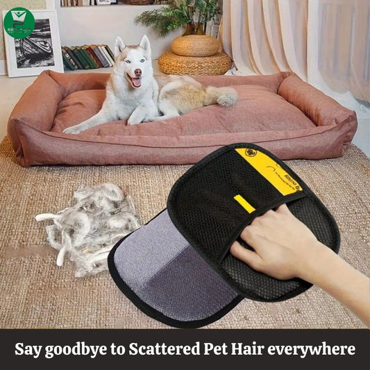Dog lying on a pink bed with a pet hair removal tool in the foreground.