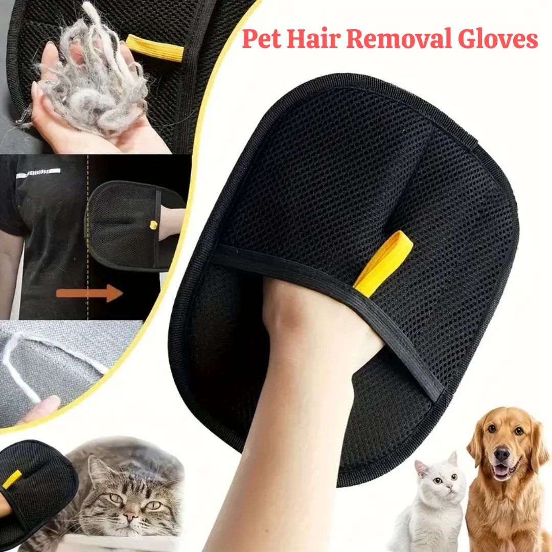 Pet hair removal gloves with images of pets and hair removal process.