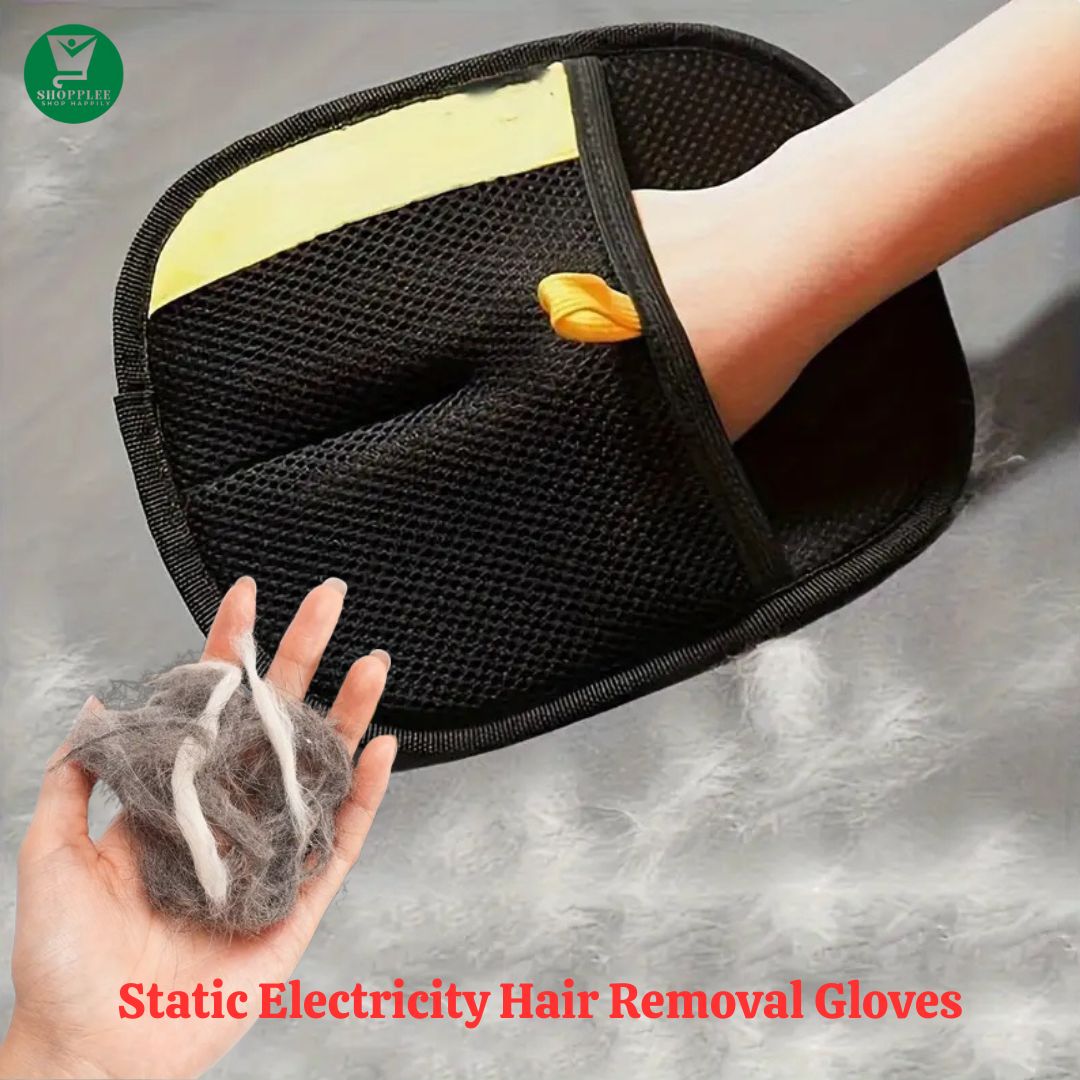 Static electricity hair removal gloves with a hand holding removed hair, on a gray background.