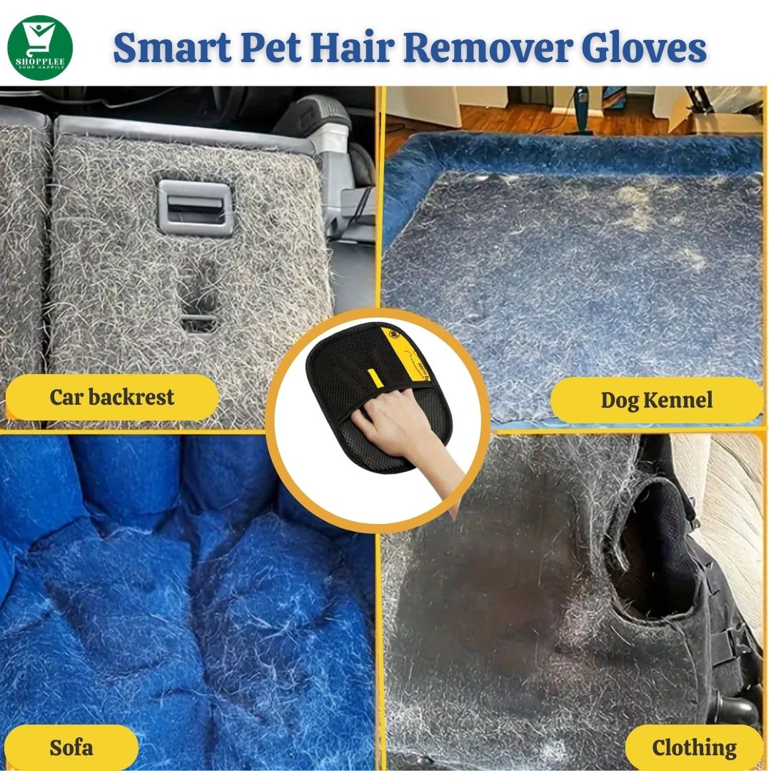 Smart pet hair remover gloves with examples of use on car backrest, dog kennel, sofa, and clothing.
