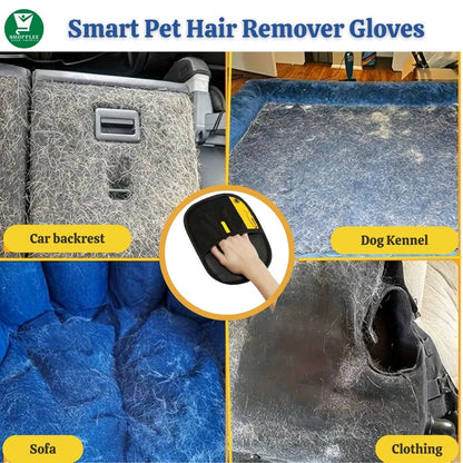 Smart pet hair remover gloves with examples of use on car backrest, dog kennel, sofa, and clothing.
