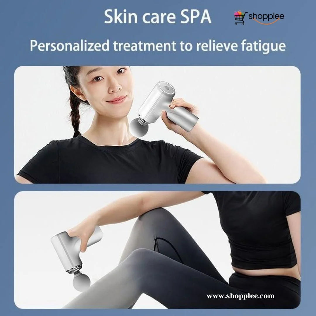 Person using gun massager on shoulder for pain relief