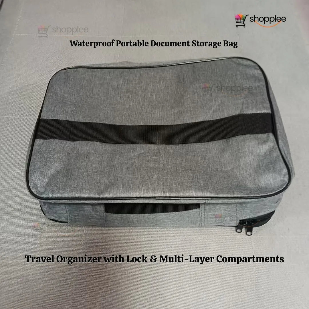 Travel file storage bag with lock and zipper closure 
