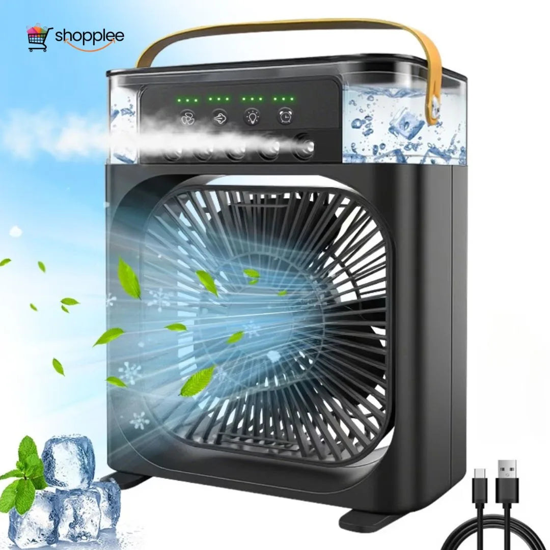 Small water spray mist fan on a bedside table for night cooling