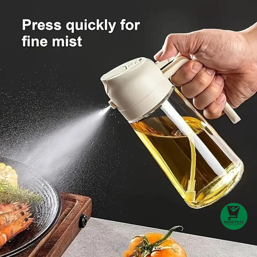 Hand holding an oil sprayer over food with text 'Press quickly for fine mist'.  oil dispenser best kitchen gadget