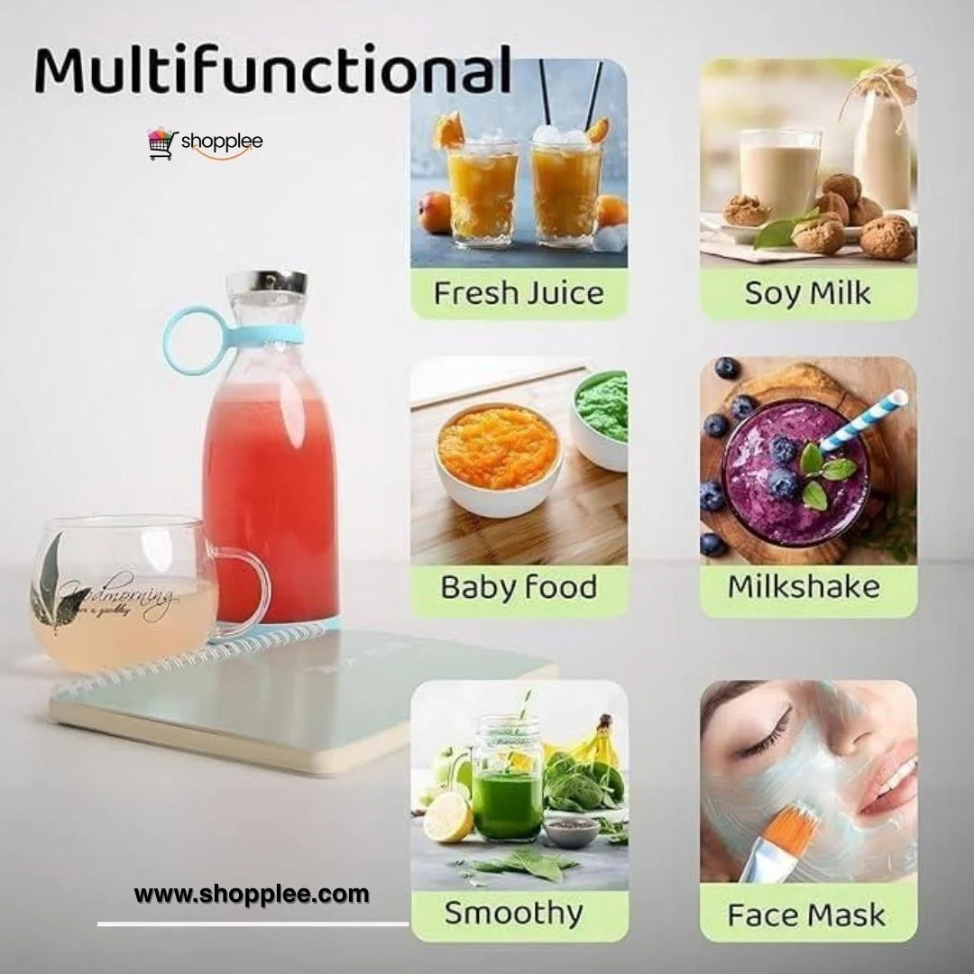 Mini USB blender mixing fruits and vegetables for fresh juice