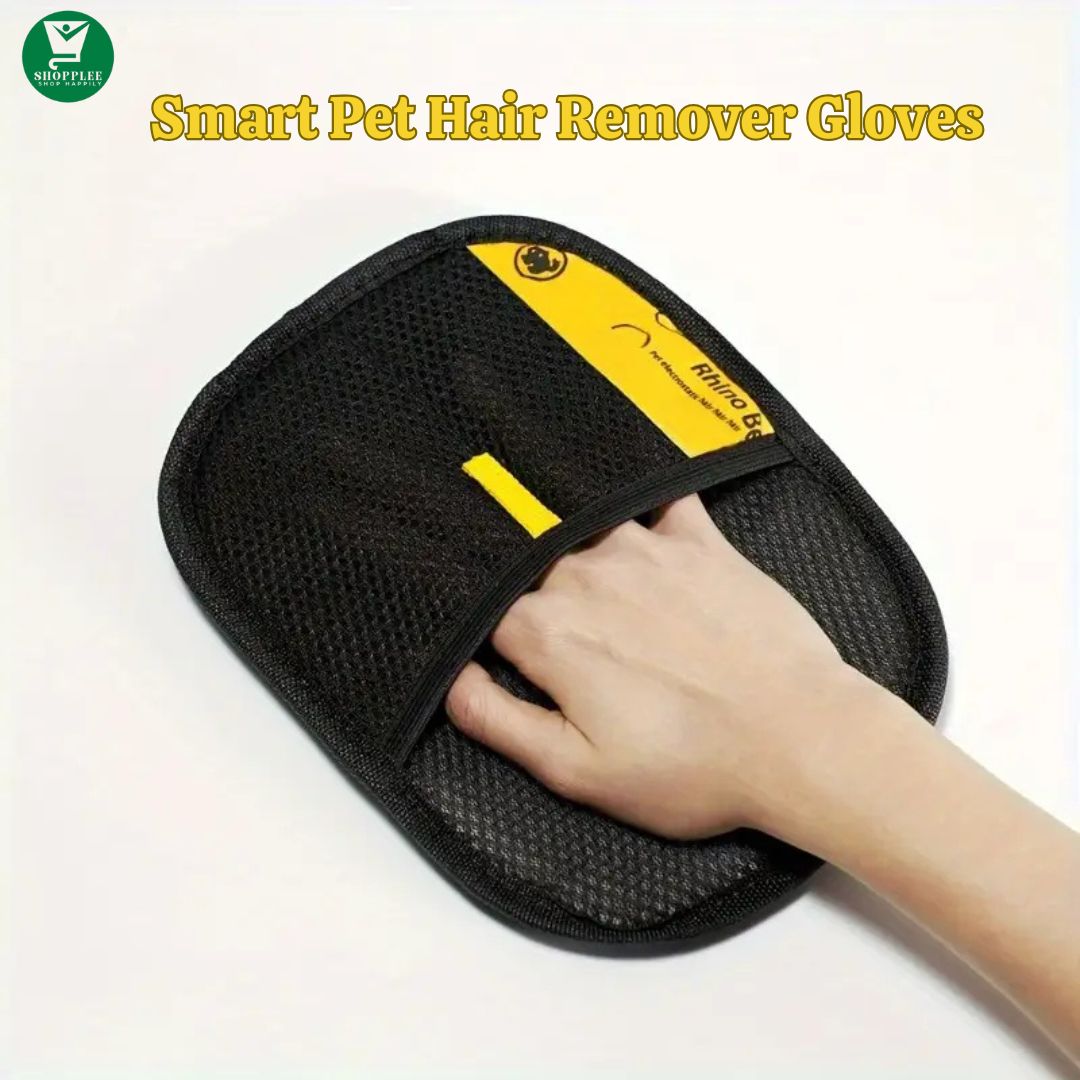 Smart pet hair remover gloves with a hand holding it on a white background